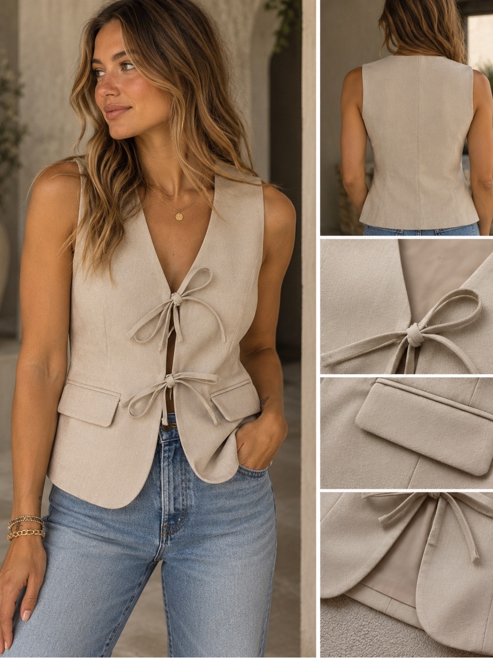 French Connection Beige Tie-Front Vest